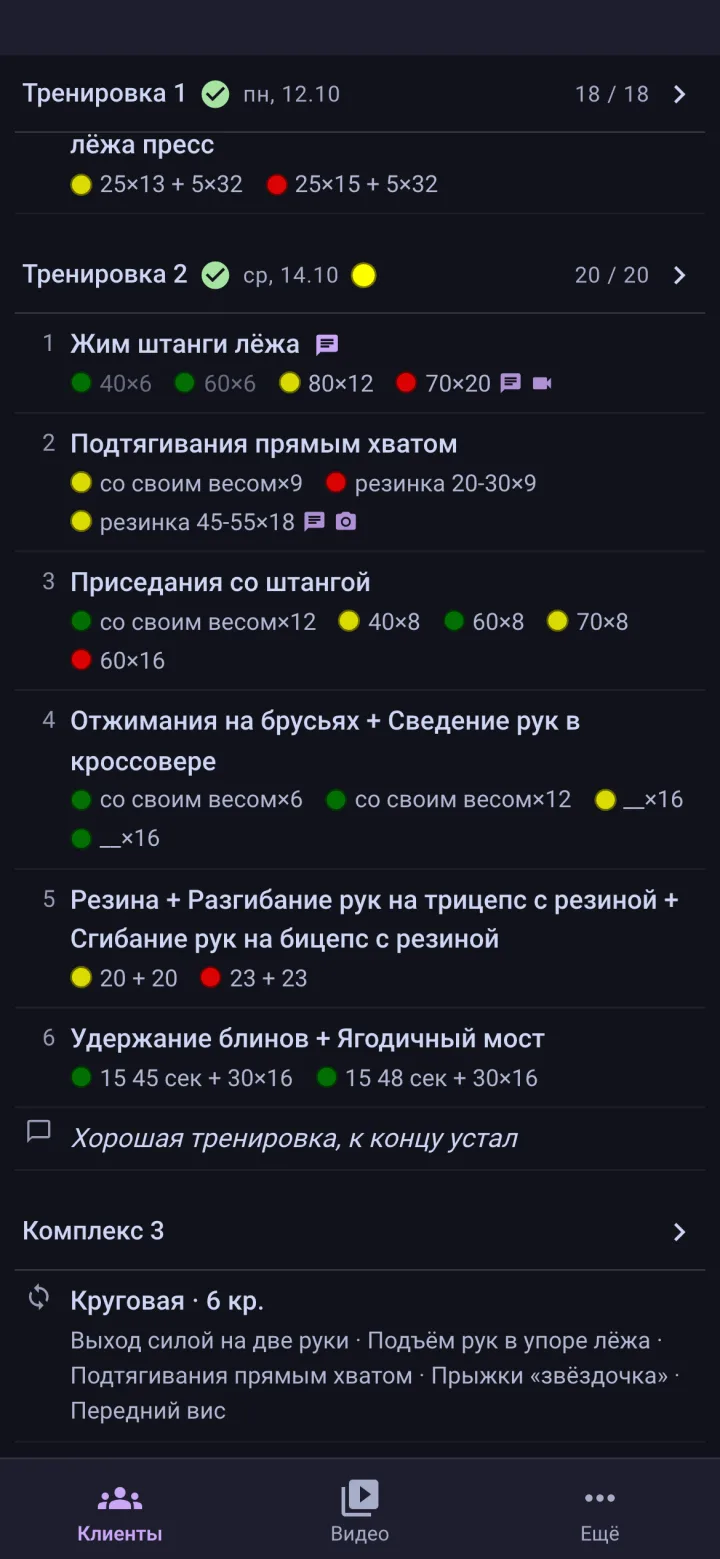Обзор недели клиента в Frovvi: отметки усилия по подходам, фото, видео и комментарий к тренировке
